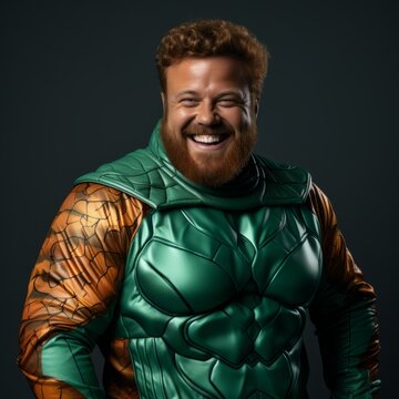 Comic portrait of a fat redhead bearded man in green superhero costume. The funny smiling dude portrays a powerful Irish Superman. Black background, copy space.