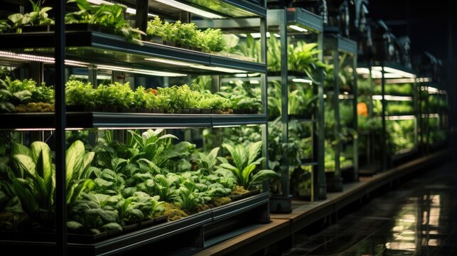 Vertical farming shelves filled with lush, green plants indoors