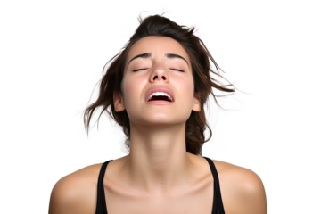 Studio portrait of upper half of a young woman showing facial expressions isolated on transparent png background. Human emotions, Face expressions.