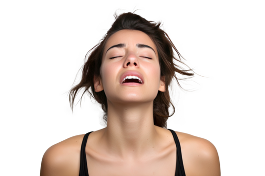 Studio portrait of upper half of a young woman showing facial expressions isolated on transparent png background. Human emotions, Face expressions. - Powered by Adobe