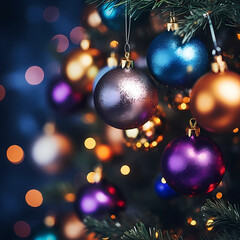Christmas and New Year holidays background, decorated christmas tree with ornaments