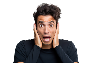 Studio portrait of upper half of a man showing facial expressions isolated on transparent png background. Human emotions, Face expressions.