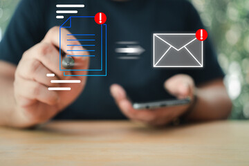 Man use digital pen to sign documents and sending documents e-mail. the concept of sending documents digitally using email. - Powered by Adobe