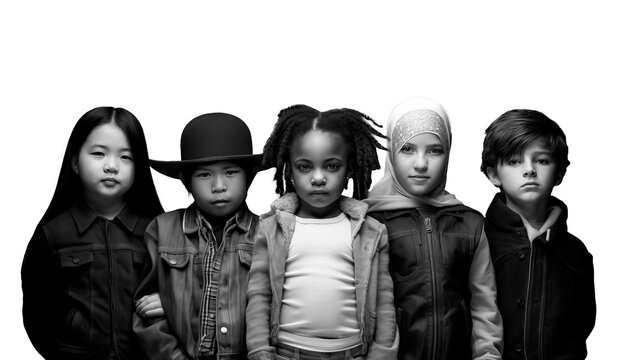 5 Children of all origins for a better future, against racism, fascism and the exploitation of our planet . Transparent png file.  Conceptual artwork against discrimination. Generative AI art.