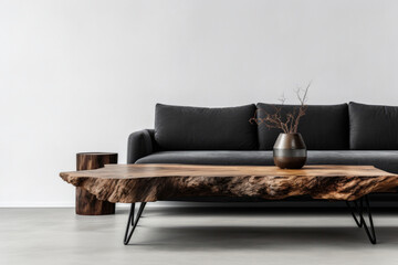 Minimalist Modern Living Room - Live Edge Coffee Table, Grey Sofa, White Wall