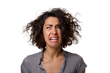 Studio portrait of upper half of a young woman showing facial expressions isolated on transparent png background. Human emotions, Face expressions.
