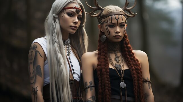 Beautiful young long-haired girls with tattoos wearing fantasy costumes and deer antlers. Characters of Scandinavian cult and pagan rituals, charming witches in mysterious forest. Halloween concept.