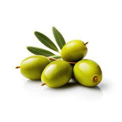 Green Olives with Leaves Isolated on White Background - obrazy, fototapety, plakaty