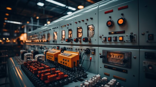 Closeup control panel with light lamp of switchboard equipment high voltage of power plant