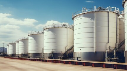 Fototapeta premium Industrial Spectrum: Large Colorful Storage Tanks and Silos in a Manufacturing Facility. Generative ai