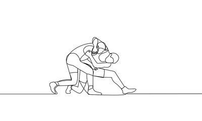 Single continuous drawing of two men fighting. Wrestling. One line drawing vector illustration