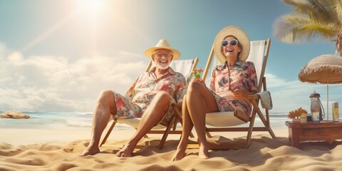 Obraz na płótnie Canvas Golden Years Bliss: Seniors Savoring Morning Moments at the Beach. Generative ai