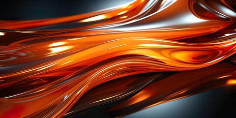An abstract metallic background with multiple orange waves, shining in a bright neon orange color