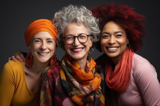 Half-length portrait of three cheerful senior diverse multiethnic women. Female friends smiling at camera while posing together. Diversity, beauty, friendship concept. Isolated over grey background.