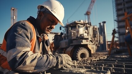 Fototapeta premium An engineer uses a tablet computer on his machine to control the loading of cement onto a mixer truck in a concrete plant.