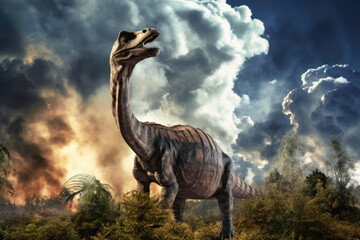 Diplodocus dinosaur on the ancient jungle. Dinosaur. Jurassic period. A huge monster. Global catastrophe. Death of the dinosaurs. - obrazy, fototapety, plakaty
