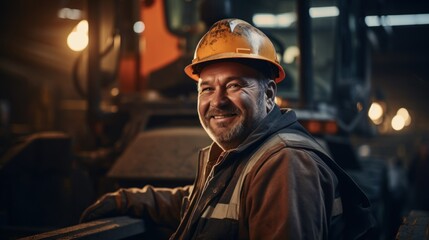 male industrial worker wearing a helmet in the background of excavator production working in an industrial factory.
