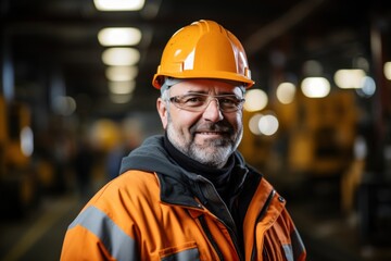 male industrial worker wearing a helmet in the background of excavator production working in an industrial factory.