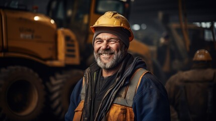 male industrial worker wearing a helmet in the background of excavator production working in an industrial factory.