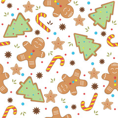 Christmas festive pattern with gingerbread man, vector illustration in cartoon style