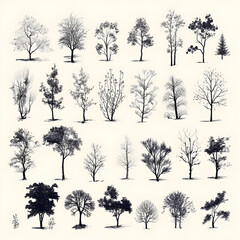 Set of trees silhouettes isolated on white background generative Ai.