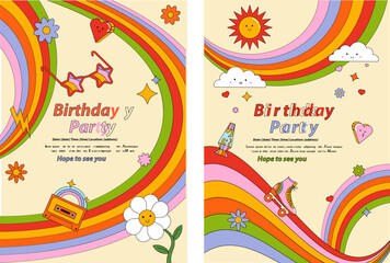 Birthday invitation with rainbow, retro elements