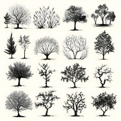 Set of trees silhouettes isolated on white background generative Ai.