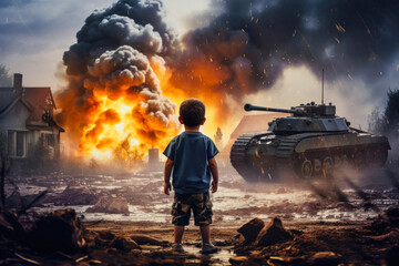 Violent explosion against the backdrop of the house. A child looks at the tank that destroyed his house. Fire and smoke. War. Third World War. Attack on a peaceful city.