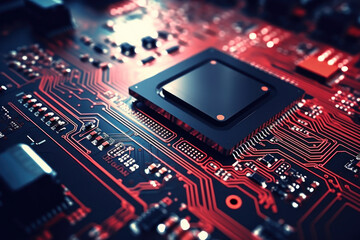 A powerful computer processor or chip on a motherboard. Modern technologies. Red background. Modern electronics production.