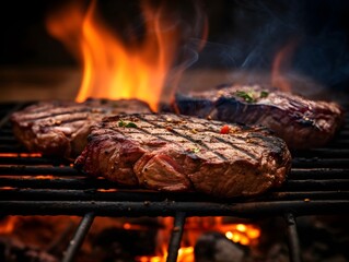 Barbeque grilled meat steak with fire on blurred background