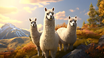 Herd of cute lamas/alpacas - created with generative AI - obrazy, fototapety, plakaty