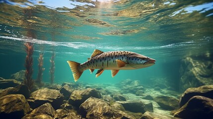fish in river under water A professional 3d rendering.Generative AI