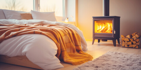 Cozy bedroom with burning fireplace in it.