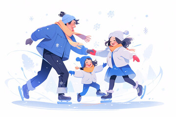 Illustration of the Beginning of Winter solar term, conceptual illustration of a family's outdoor skating in winter