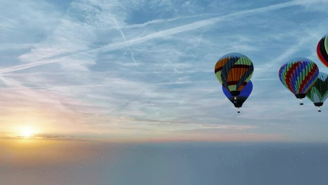 Hot air balloons racing across the winter sky, with snow falling as the sun sets on the horizon.