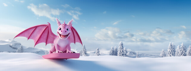 Cheerful little pink dragon on a snowboard in winter with copy space. Symbol of 2024. Banner