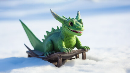 Cheerful Little Green Dragon on a sled in winter with copy space. Symbol of 2024.