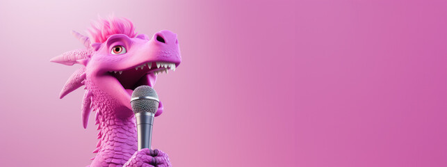 Pink cartoon dinosaur dragon sings a song into a microphone on a solid back. Symbol of 2024. Banner