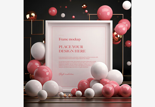 Birthday Wedding Celebration Frame Mockup with Pink and Gold Balloons on Black Background