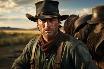 Portrait of mature man in cowboy clothes and hat against the background of wild west rancho. An experienced man with a weathered face looking confidently at camera. Real courageous cowboy.