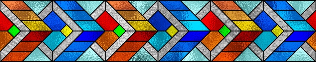 Stained glass window. Seamless geometric colorful pattern. Abstract modern stained glass Art Deco decor for luxury design interior. Multicolor stained glass background. 3D optical illusion.