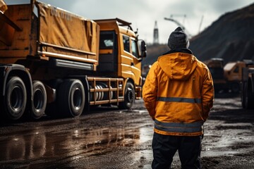 Man driver truck on background industry mining lorry. Concept professional industrial