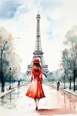Papier Peint Lavable Paris Nostalgia for old Paris: Watercolor image of a beautiful French woman near the Eiffel Tower