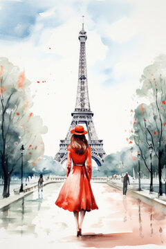 Nostalgia for old Paris: Watercolor image of a beautiful French woman near the Eiffel Tower