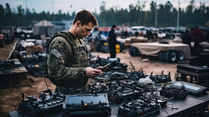 Mobile military base, soldier engineer transmits aerial pictures and data from drone to artillery. - obrazy, fototapety, plakaty