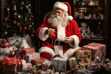 overstressed santa claus in the middle of a chaos of presents - obrazy, fototapety, plakaty