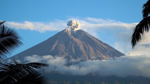 Eruption of Volcano Semeru on the island of Java. The volcano emits ash and smoke. Natural disaster. December 2022.