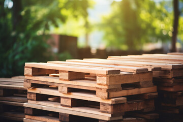 Stack of wooden pallet. Industrial wood pallet at factory warehouse. Cargo and shipping. Sustainability of supply chains. Eco-friendly and sustainable properties. Renewable wood pallet.