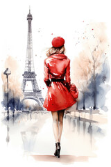 Nostalgia for old Paris: Watercolor image of a beautiful French woman near the Eiffel Tower