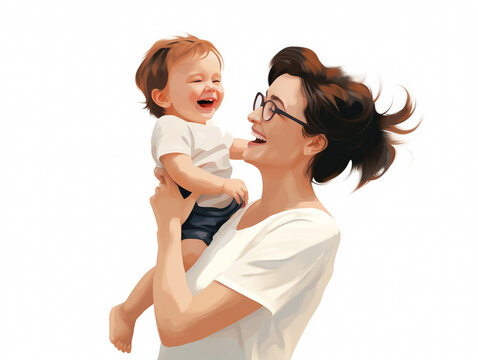 2D illustration of a happy mother and child together. Full of love. Isolated on white background.